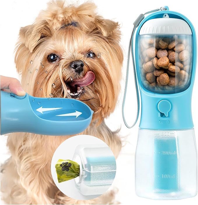 Portable Water Bottle for Small Dogs, 3 in 1 Pet Travel Bowl Dispenser with Food Treat Container & Poop Bag Holder, Summer Hiking Walking Accessories for Puppy On The Go - Blue, 10oz