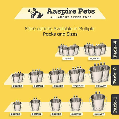 2 Quart Stainless Steel Flat Sided Bucket with Dual Hooks | 2 Pcs Durable Food & Water Bowl for Dog Cats Bird & Small Animals | Fits kennel Cage Crates Hanging Pet Pail | Multipurpose use