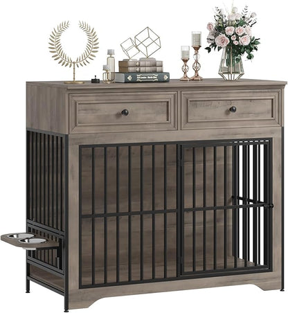 QUW 42" Modern Dog Crate Furniture, Wooden Dog Kennel for Medium to Large with 360°Rotating & 3-Levels Adjustable Height Dogs Bowl Holder, Decorative Dogs cage Pet House Indoor, Grey
