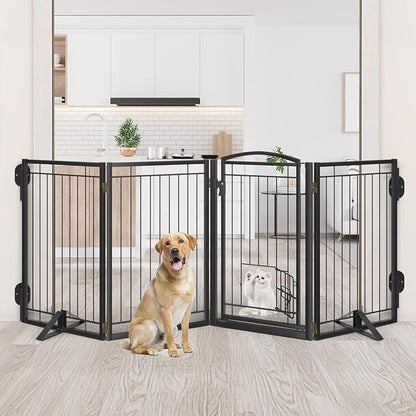 Metal Free Standing Dog Gate with Cat Door for Indoor/Outdoor,160" Extra Wide Foldable Pet Gate,32" Tall Foldable Indoor Dog Fence for Large Openings Stairs,Deck,Yard,Doorways(8 Panels,Black)