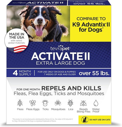 TevraPet Activate II Flea and Tick Prevention for Dogs, Extra Large Dogs 55+ lbs, Topical Drops, 4 Month Flea and Tick Treatment