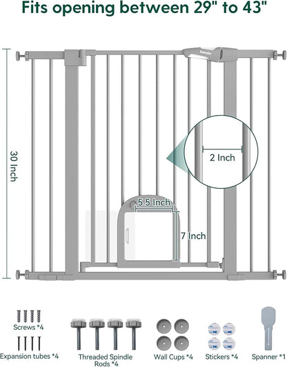 Babelio 36" Tall Upgraded Baby Gate with Cat Door,29-43" Auto Close Durable Dog Gate for Stairs,Doorways and House,Easy Walk Thru,Includes 4 Wall Cups,Gray