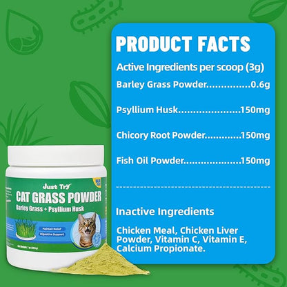 Just Try 7OZ Cat Grass Powder Feline Grass Treats Cat Supplements Hairball Treatment for Cats Cat Hairball Remedy Gut Health Cat Treats Healthy