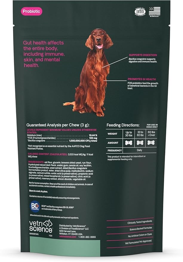 VetriScience Gut Health Chews, Probiotic Everyday Digestive Supplement for Dogs, Pet Probiotics for Digestion Support, Gas and Diarrhea, Immune Support, 1 Billion CFU Per Chew, Duck, 45 Count