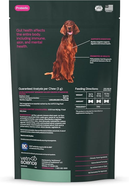 VetriScience Gut Health Chews, Probiotic Everyday Digestive Supplement for Dogs, Pet Probiotics for Digestion Support, Gas and Diarrhea, Immune Support, 1 Billion CFU Per Chew, Duck, 45 Count