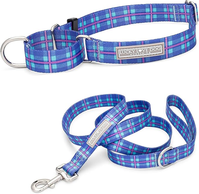 Lucky Love Dog Martingale Dog Collar & Leash - Adjustable, No-Slip, Durable, Comfortable, Soft Webbing, & Stylish Patterned Collar & Leash Set for Male and Female Dogs - Scotty Combo, Medium