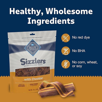 Blue Buffalo Sizzlers Bacon-Style Dog Treats with Real USA Pork, Cheddar Flavor, 15-oz Bag