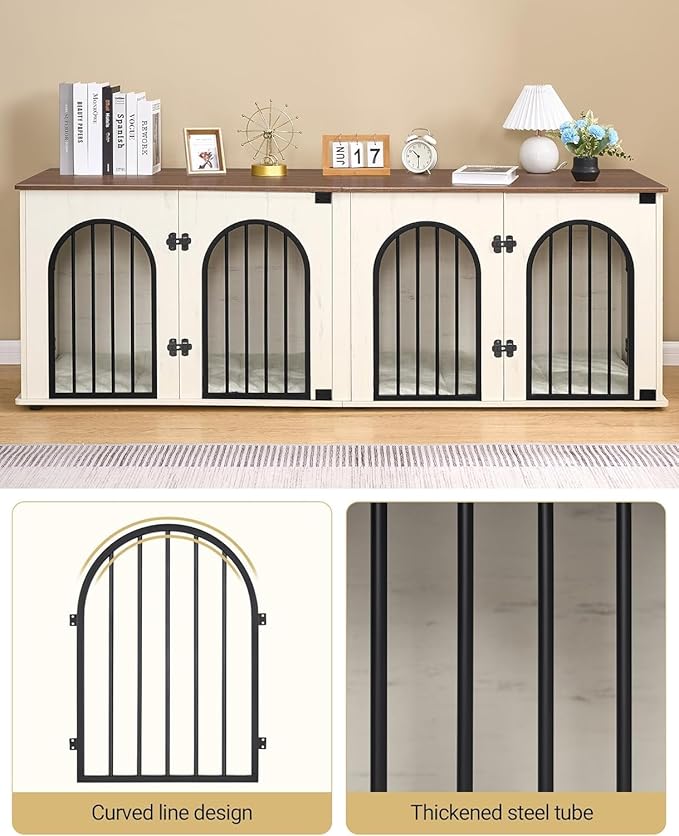 Hzuaneri 71" Dog Crate Furniture for 2 Dogs, Heavy Duty Indoor Dog Kennel TV Stand, XL Wooden Dog Cage with Divider for Medium Large Dogs, End Table Dog Crate with Cushion, White Brown DFC81914B