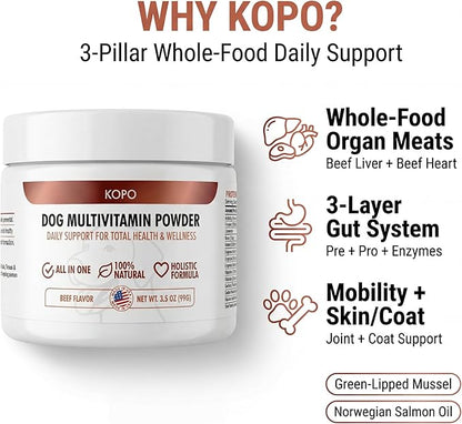 Kopo Dog Multivitamin Powder | Supports Heart, Daily Vitality, Immune Health, Digestion, Skin & Coat and Hip & Joint | For Puppy, Adult & Senior Dogs | Beef Liver Flavor | All Breeds Sizes | 99 Scoops