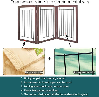 ZJSF Freestanding Foldable Dog Gate for House Extra Wide Wooden Brown Puppy Gate Stairs Dog Gates Doorways Tall Pet Gate 32 "Height 3 Panels Pet Fence