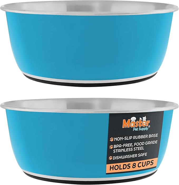 Master Pet Supply Stainless Steel Dog Bowls Set of 2 (64 Oz Each) with Non-Slip Rubber Base - True Blue - Basic Dog Food Bowl Water & Food Bowls for Small Medium Large Dogs & Cats, Metal Dish