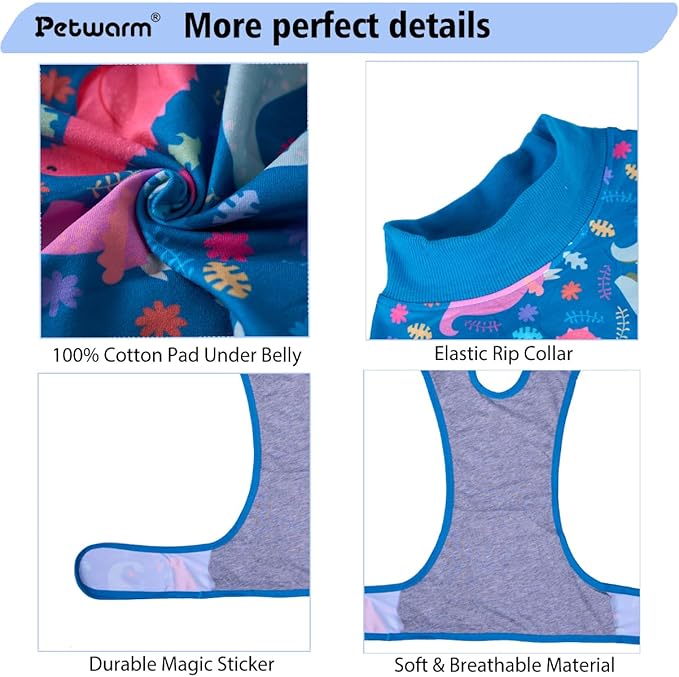 PetWarm Dog Recovery Suit After Surgery, Dog Bodysuit, Substitute E-Collar and Cone, Pet Surgery Recovery Suit, Female Male Dog Onesie for Spay Neuter, Dinosaur Pattern, Multi-Colored, 2XL