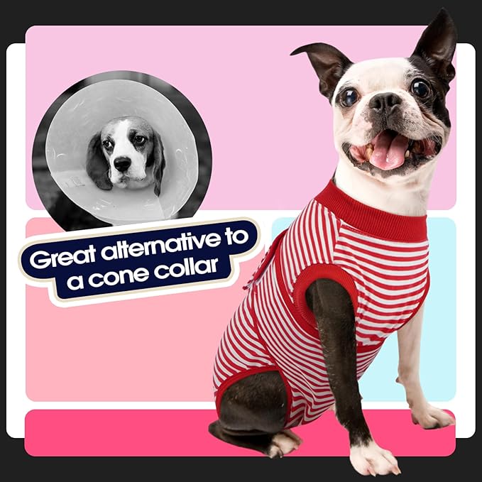 FUAMEY Dog Recovery Suit Male,Dogs Surgery Neuter Suits Puppy Spay Shirts for Female Protect Dog's Skin Anti Licking Abdominal Wounds Doggie Onesie Pet Bodysuit Alternative to Cone Red Stripes M