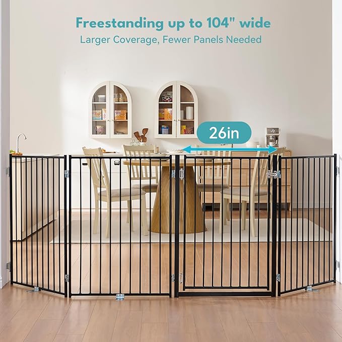 No Pawblems Free Standing Dog Gate with Door, 36'' Tall Foldable Dog Fence for Indoor & Outdoor, Up to 104 Inch Extra Wide Puppy Gate for Stairs, Hallways, Doorways, Deck, Yard (Black, 4 Panels)