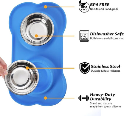 Hubulk Pet Dog Bowls 2 Stainless Steel Dog Bowl with No Spill Non-Skid Silicone Mat + Pet Food Scoop Water and Food Feeder Bowls for Feeding Small Medium Large Dogs Cats Puppies (Extra Large, Blue)
