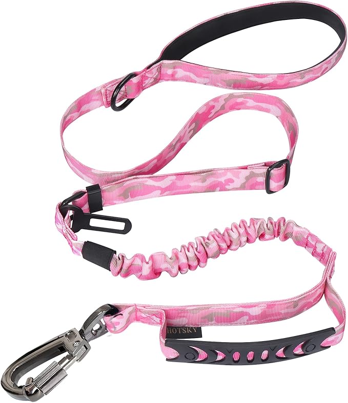 Hotsky Tactical Dog Leash Heavy Duty for Medium Large Dogs that Pull,4-6Ft Strong Bungee Shock Absorbing No Pull Dog Leash with Padded Double Handle and Car Seatbelt,Pink Camo