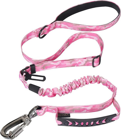 Hotsky Tactical Dog Leash Heavy Duty for Medium Large Dogs that Pull,4-6Ft Strong Bungee Shock Absorbing No Pull Dog Leash with Padded Double Handle and Car Seatbelt,Pink Camo