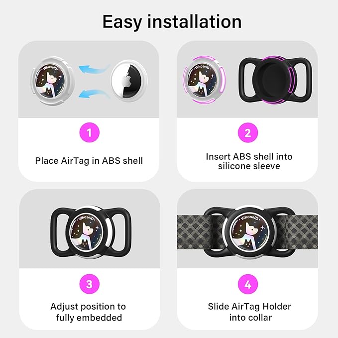 Waterproof Airtag Dog Collar Holder, Silicone & ABS Airtag Holder for Dog & Cat Collars, Ultra-Durable, Lightweight and Protective Airtag Case (Black-1, Regular)