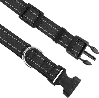 Reflective Dog Collar, Adjustable Soft Neoprene Padded Nylon Pet Collars with Buckle for Puppy and Small Dogs, Cats, Black,XS