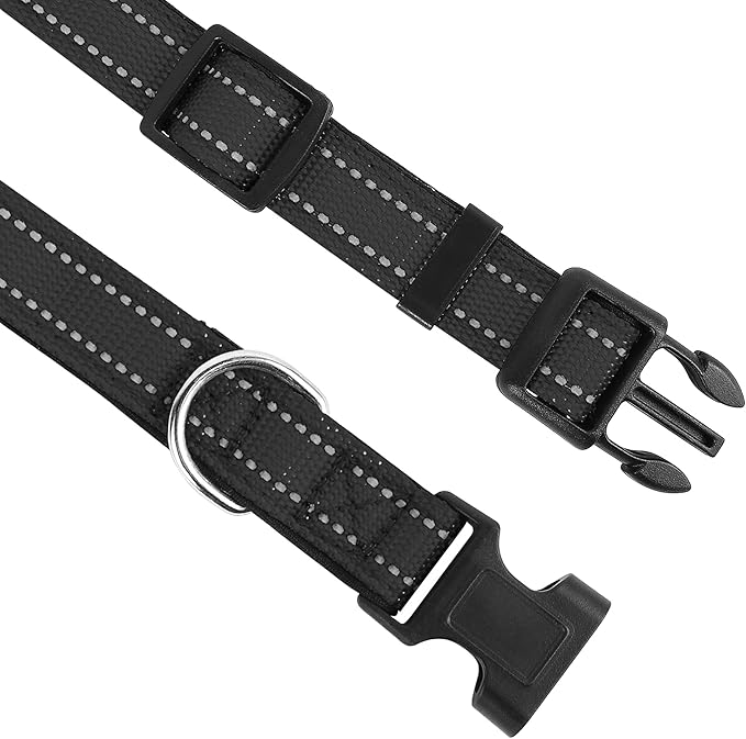 Reflective Dog Collar, Adjustable Soft Neoprene Padded Nylon Pet Collars with Buckle for Small Dogs, Black,S