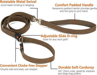 Slip Lead Dog Leash,Soft Corduroy 6 FT Dog Training Leash for Medium Large Dogs,No Pull Slip Leash and Collar with Padded Handle,Brown