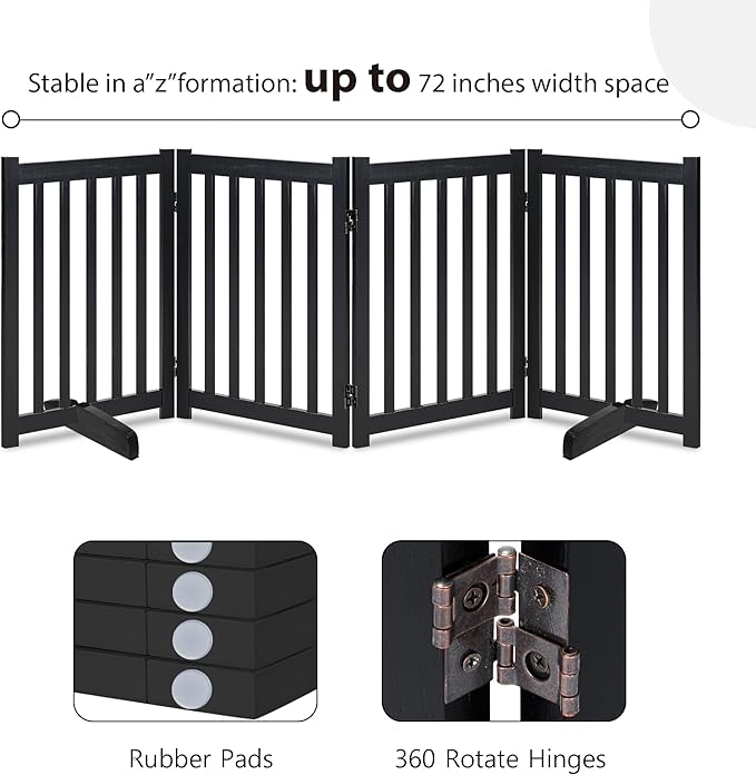 LZRS Freestanding Extra Wide Dog Gate 30 inch Tall - 4 Panels Solid Wooden Pet Gate for Doorways, Stairs, Hallways,Kitchens& Long Areas, Expandable & Foldable with Support Feet,Indoor Use,Black
