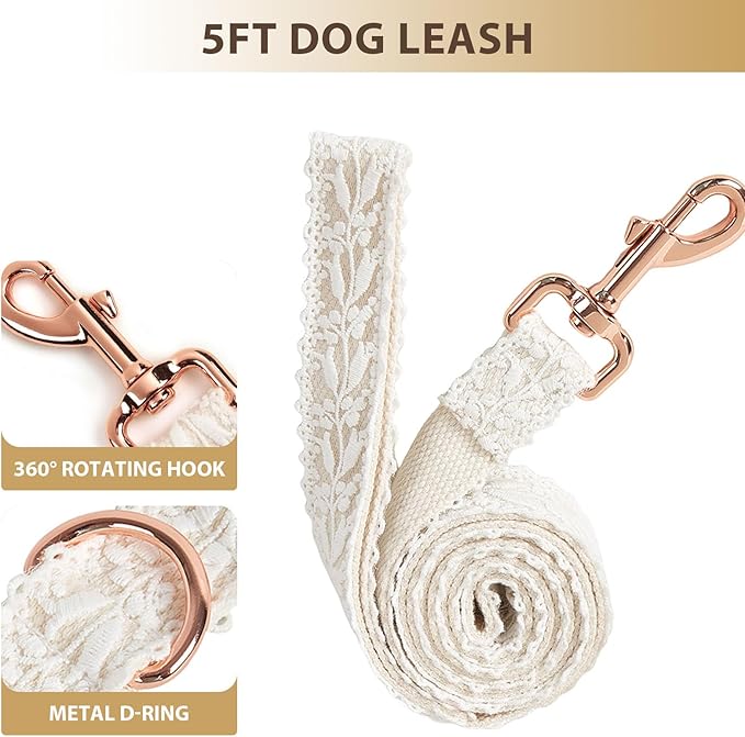 Fashion Flowers Embroidered Premium Lace Dog Collar Set with Metal Clasp Leash - Adjustable for Small, Medium, Large Dogs,M