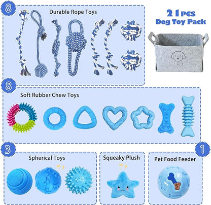 MRSOHRET Upgraded 21Pcs Puppy Chew Toys - Blue Puppy Chew Toys Bundle for Teething, Puppies Teething Toys with Durable Rope Rubber Ball, Pet Interactive Toys for Small Medium Dogs with Basket