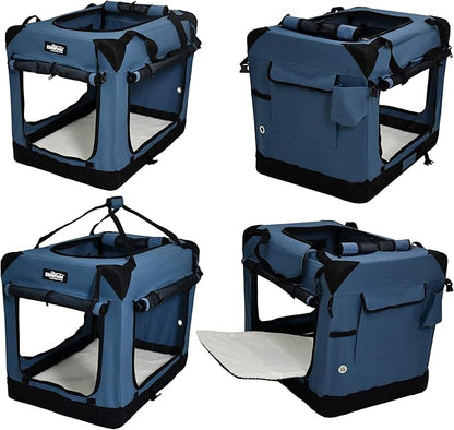 EliteField 4-Door Folding Soft Dog Crate with Curtains, Carrying Bag and Fleece Bed (2 Year Warranty), Indoor & Outdoor Pet Home (30" L x 21" W x 24" H, Blue Gray+4 Door Curtains)