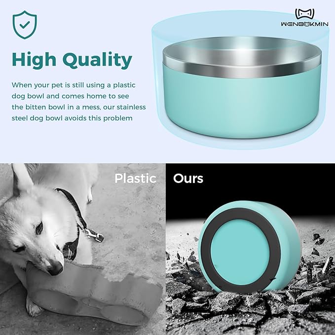 WENBOKMIN Dog Bowl, Stainless Steel Dog Food and Water Bowl with Non Slip Quiet Bottom, Easy to Clean, Dishwasher Safe, 64oz, Mint Green