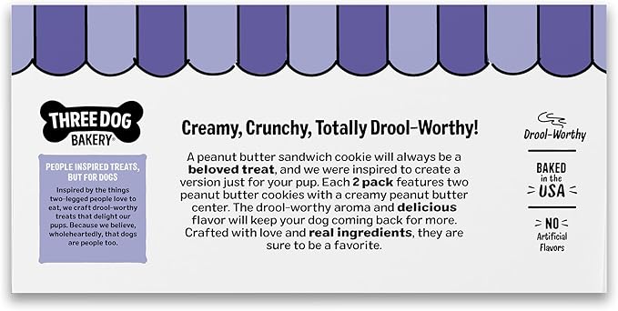 Three Dog Bakery Peanut Butter Lovers Dog Treats, Crunchy Sandwich Cookies for Dogs with Creamy Peanut Butter Filling, 28.8 oz