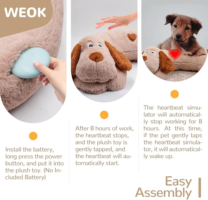 WEOK Puppy Heartbeat Toy, Dog Heartbeat Toy for Separation Anxiety Relief, Puppy Toy with Heartbeat Stuffed Animal Anxiety Calming Behavioral Aid Plush Toy for Dogs Cats Pets (Brown +)
