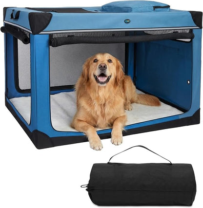 Ownpets Collapsible Dog Crate, 42 inch Portable Travel Dog Crate for Large Dogs, 4-Door Foldable Pet Kennel with Durable Mesh Windows & Soft Mat, Blue