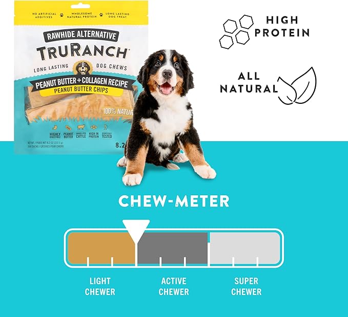 TRURANCH Collagen Chips - Collagen Dog Treats - Long Lasting Healthy Joint Support - Rawhide Alternative Chips - Skin & Coat Health - Made with Real Peanut Butter, Value Pack, 3 Bag, 1.5 lbs