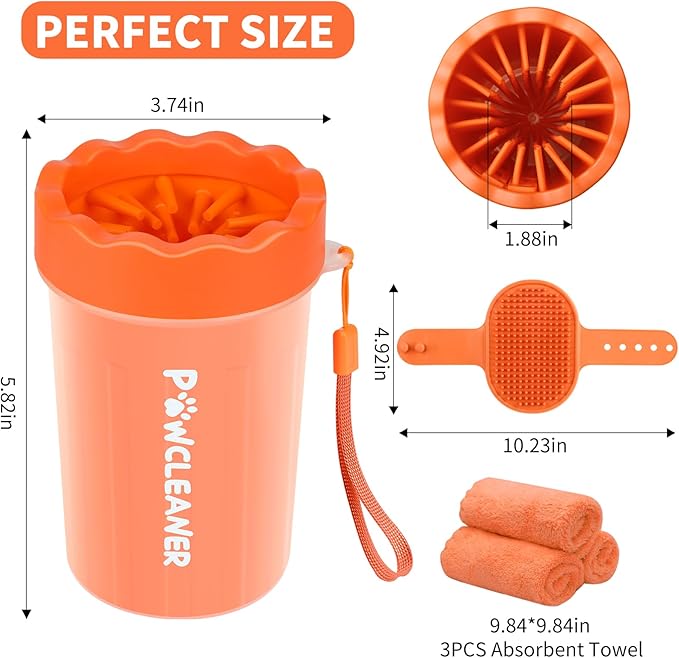 Professional 7 in 1 Dog Paw Cleaner for Dogs & Cats - Includes 1 Portable Paw Washer, 1 Bath Brush, 2 Dog Toothbrushes and 3 Absorbent Towels Note: Fits Paws 1.5 to 2.5 Inches Wide (Orange, Medium)
