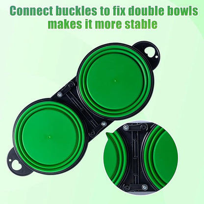 SLSON Collapsible Dog Dual Bowls Reinforced Rim 180 Degrees Flip Over Foldable Double Bowl with Lock Clips More Stable Dog Travel Bowls Pet Food Water Feeder (Green)