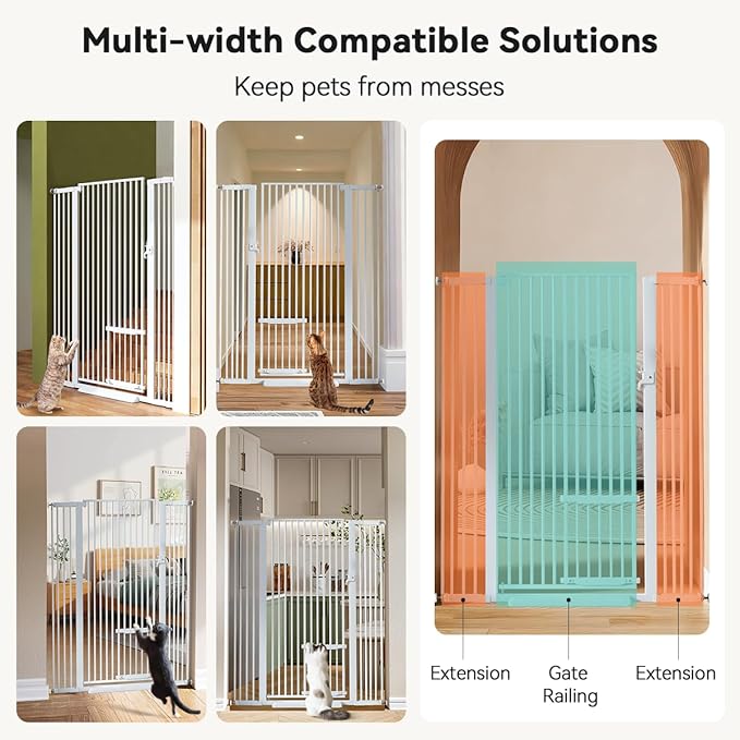 COMOMY 55.1" Extra Tall Pet Gate for Cats, 29.5-43" Extra Wide Cat Gate with Adjustable Cat Door, Pressure Mounted Easy Walk Through Pet Gate with Door for Stairs, Doorways, Kitchen(White)