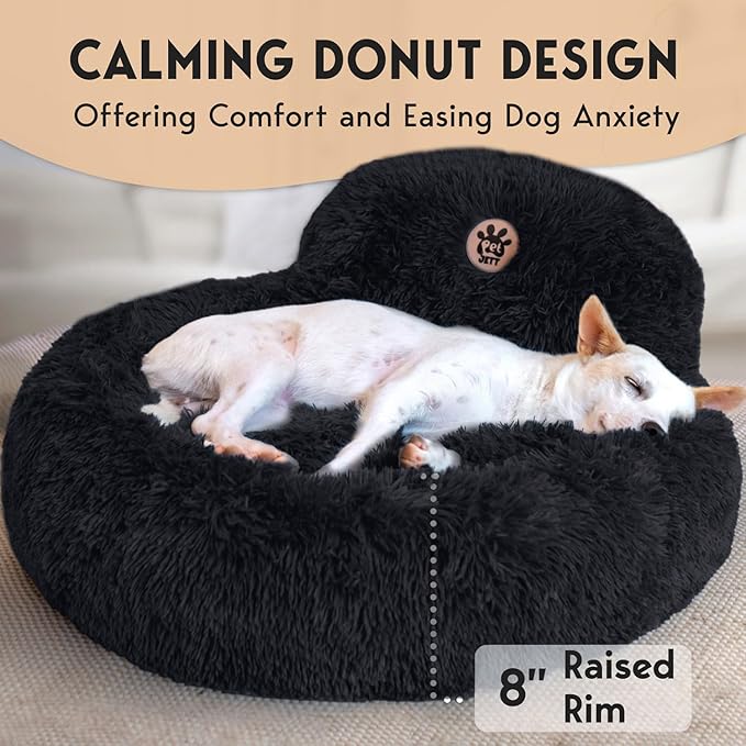 PetJett Calming Dog Bed Medium Size Dog - 30'' Donut Bed, Anti-Slip & Washable Super Soft Fluffy Plush Round Bed, Anti-Anxiety Premium Comfort Pet Bed, Fits Dogs up to 45 lbs - Black