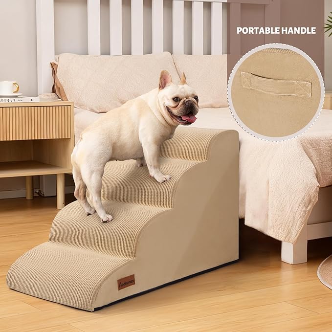 Aodisman Dog Steps for Bed, 4-Step Dog Stairs Ramp for Small Dogs and Cats, Indoor Non-Slip Pet Stairs Suitable for Older, Short-Legged, and Puppy Dogs to Climb Onto High Beds and Couch, 17.4" H,Khaki