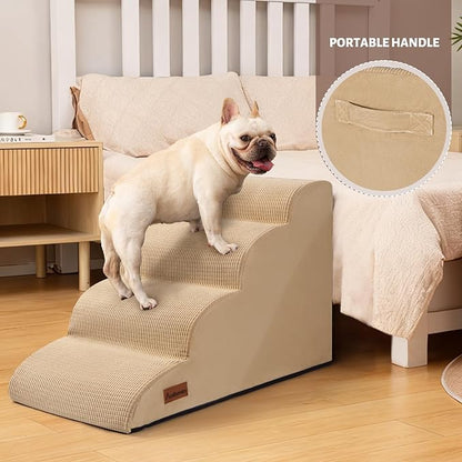 Aodisman Dog Steps for Bed, 4-Step Dog Stairs Ramp for Small Dogs and Cats, Indoor Non-Slip Pet Stairs Suitable for Older, Short-Legged, and Puppy Dogs to Climb Onto High Beds and Couch, 17.4" H,Khaki