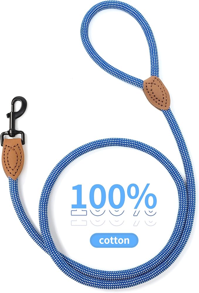 Mile High Life Rope Leash with Genuine Leather Connection, 6 FT/5 FT/4 FT, Heavy Duty Leash for Medium & Large Dogs (Blue White, 60 Inch)