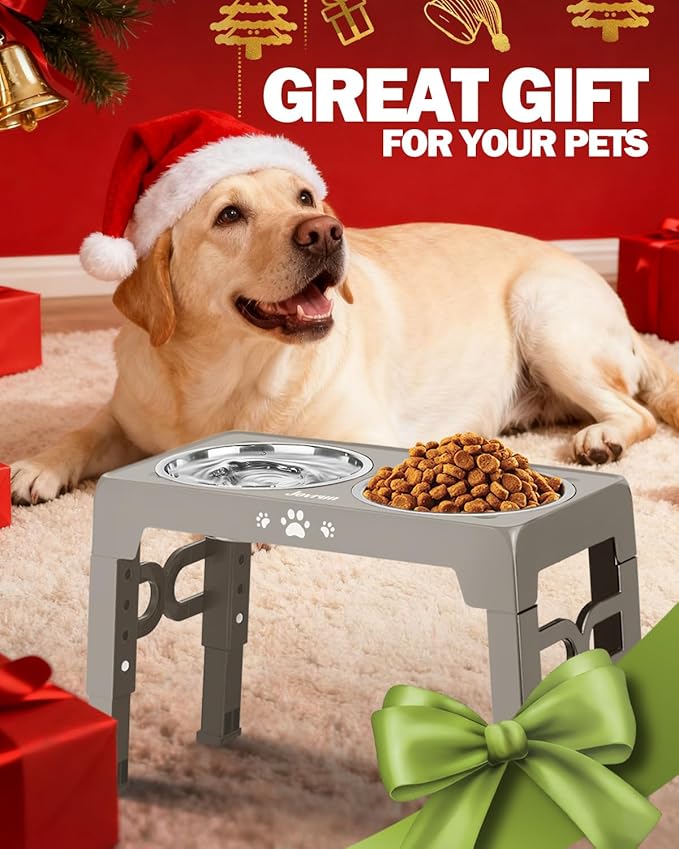Jovrun Elevated Dog Bowls for Medium Large Size Dogs, Non-Slip Dog Feeder with 1*Stainless Steel Dishes & 1*Slow Feeder Bowl, 5 Heights Adjustable Raised Bowls to 3.15″-8.66″-9.84″-11.02″-12.2″
