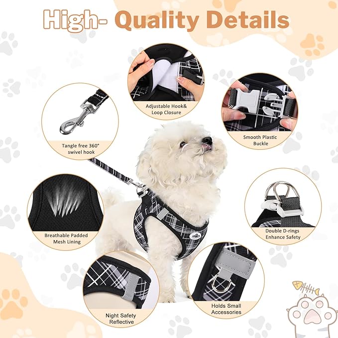 Gyuzh Cat Harness and Leash Set for Puppies - 3 Piece Step in No Pull Vest & Collar, Extra Small Kitten Harness, Breathable Reflective Plaid, Padded Leash (Black, S)