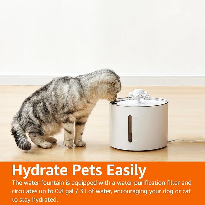 Amazon Basics Large Capacity Pet Water Fountain with Stainless Steel Top, Ultra Quiet, Easy to Clean, BPA Free, 3L, White, 3 Filters Included