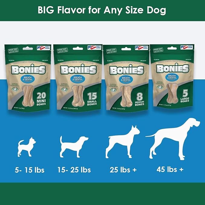 Bonies Natural Breath and Dental Formula Large-Sized Single Bone - All-Natural Ingredients, Fresh Breath, Cleans Teeth, Low Calories, Chicken Flavor, [Large Dogs], 72 Bones