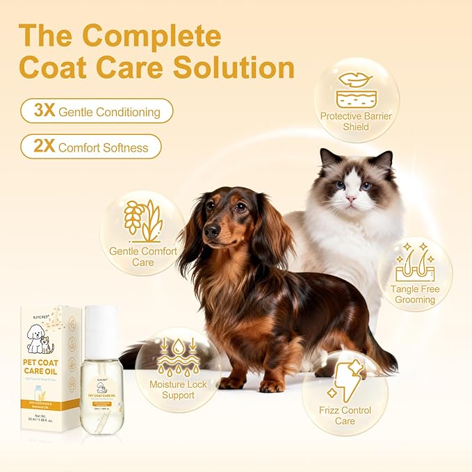 Pet Coat Care Oil, Oat Kernel & Squalane Extract | Recovery Serum, Lipid Balance & Dry Skin Soothing; Post-Bath Barrier Repair, Deeply Moisturizing Leave-in Conditioner, Dogs Cats, 1.69 fl. oz