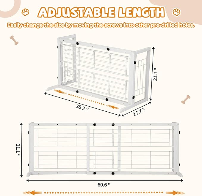 COZIWOW 38" -67" Dog Gate Indoor, Pet Gates for Doorways No Drilling, Wooden Free Standing Doggie Fence for Stairs, Safety for Small to Medium-Sized Dog,White