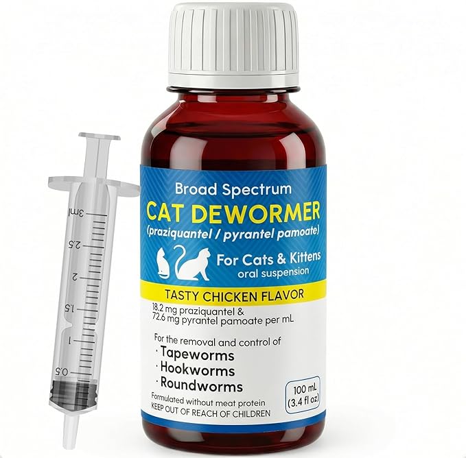 Liquid Dewormer for Cat and Kittens, Praziquantel and Pyrantel Pamoate Oral Suspension, Broad Spectrum Removes Roundworm, Hookworm, Tapeworm, Includes 3ml Dosing Syringe (100ml)