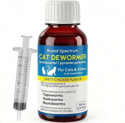 Liquid Dewormer for Cat and Kittens, Praziquantel and Pyrantel Pamoate Oral Suspension, Broad Spectrum Removes Roundworm, Hookworm, Tapeworm, Includes 3ml Dosing Syringe (100ml)