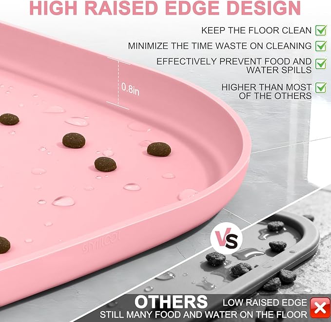 Smilool Silicone Pet Food Mat with Raised Edge for Food and Water Bowl, Dog Feeding Mats, Cat Food Trays for Floor Waterproof, Rubber Tray for Dogs and Cats, 22 x 14 x 0.8 Sakura Pink